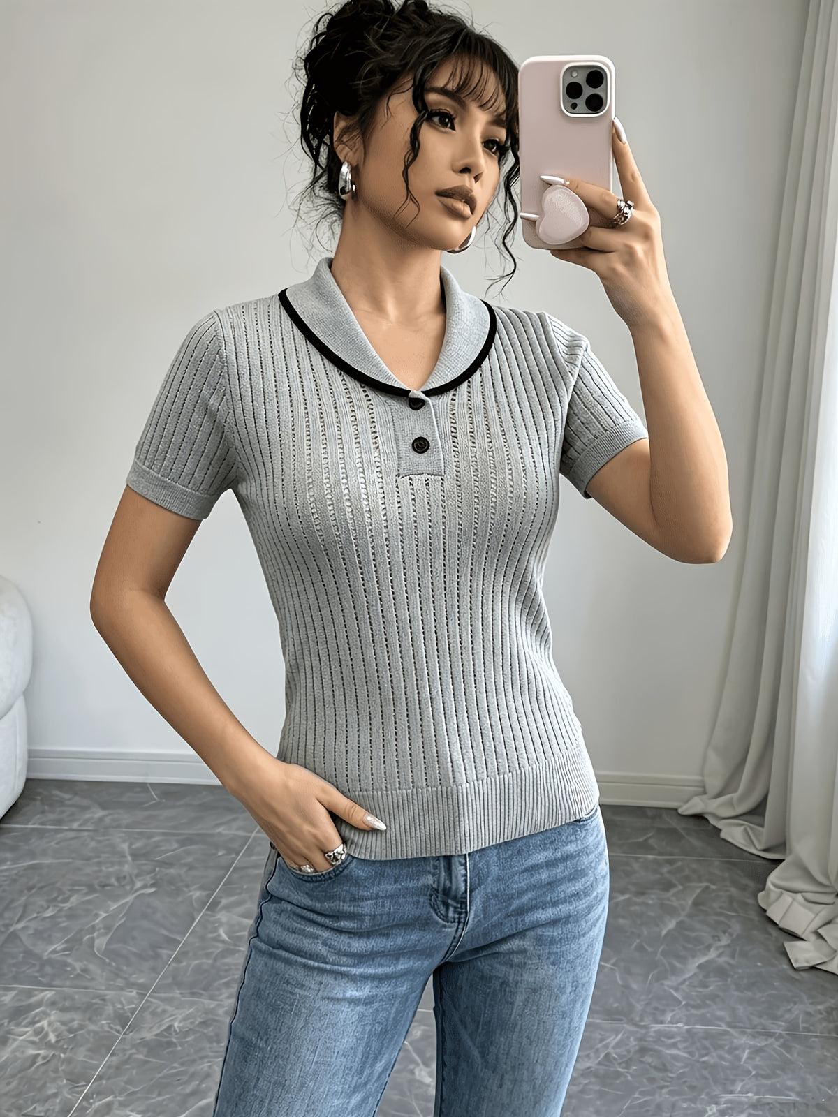 Women'S Summer Clothing Short Sleeve Solid Color Sweater, Lapel Hollow Out Design, Slim Fit Style Pullover, Spring Summer Season - Grey