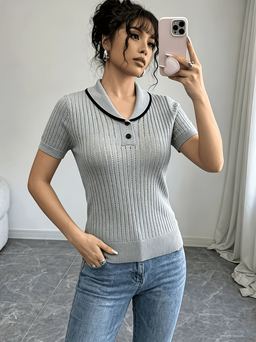 Women'S Summer Clothing Short Sleeve Solid Color Sweater, Lapel Hollow Out Design, Slim Fit Style Pullover, Spring Summer Season - Grey