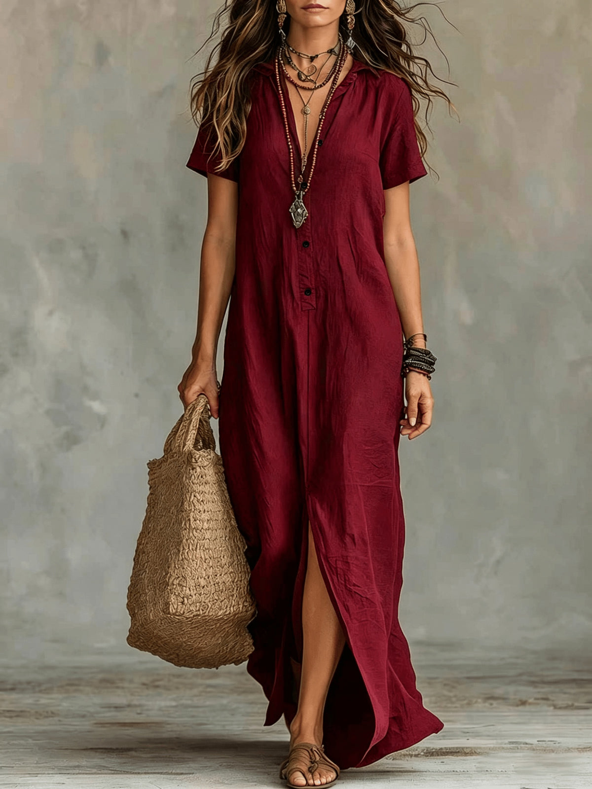 Women'S Casual Solid Color V-Neck Slit Lazy Style Shirt Dress Button Front Opening Bohemian Shirt Style Loose Long Dress - Burgundy