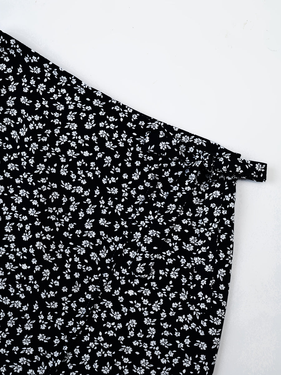 Floral Print Wrap Tie Midi Skirt - Black