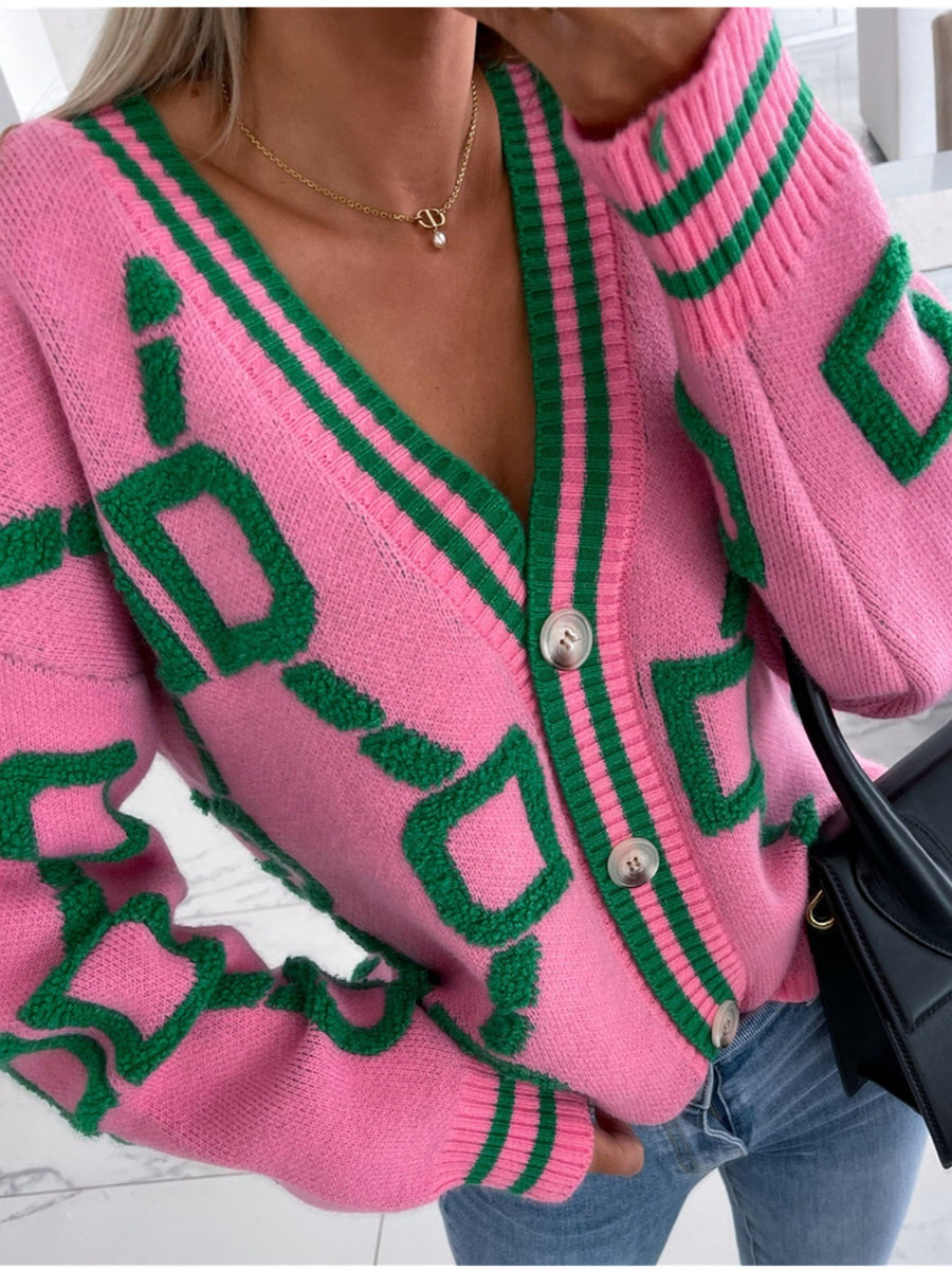 Western And American Autumn Winter New Plush Patchwork Contrast Color Sweater Cardigan Coat - Pink