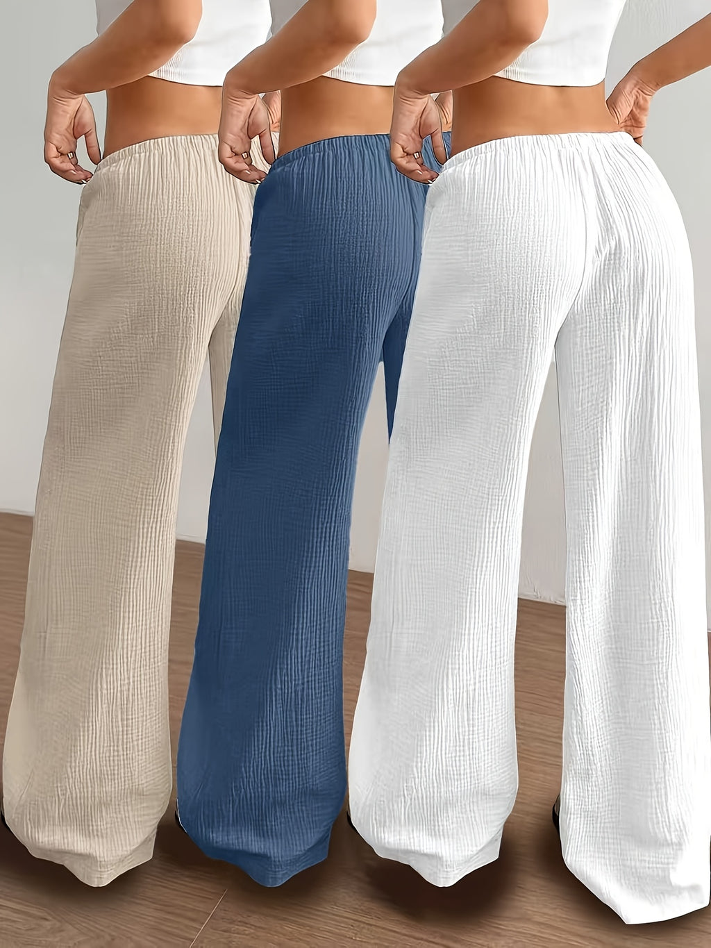 Women's Three-piece Elegant Casual Wide-leg Trousers, Straight Leg Design, Suitable for All Seasons, Adult Fit, All-season Trousers, Loose Fit, Comfortable and Flattering. - White, Blue, Khaki