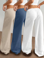 Women's Three-piece Elegant Casual Wide-leg Trousers, Straight Leg Design, Suitable for All Seasons, Adult Fit, All-season Trousers, Loose Fit, Comfortable and Flattering. - White, Blue, Khaki