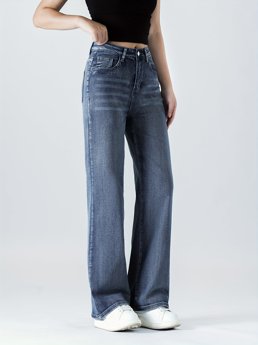 Women's Stretch Pants - Washed Blue Straight-Leg Full-Length Jeans with Built-In Zipper Closure | All-Season Slim-Fit Trousers Suitable for Work, Travel & Weekend Parties | Elegant Special Line (Casual & Professional Wear) - Medium Blue