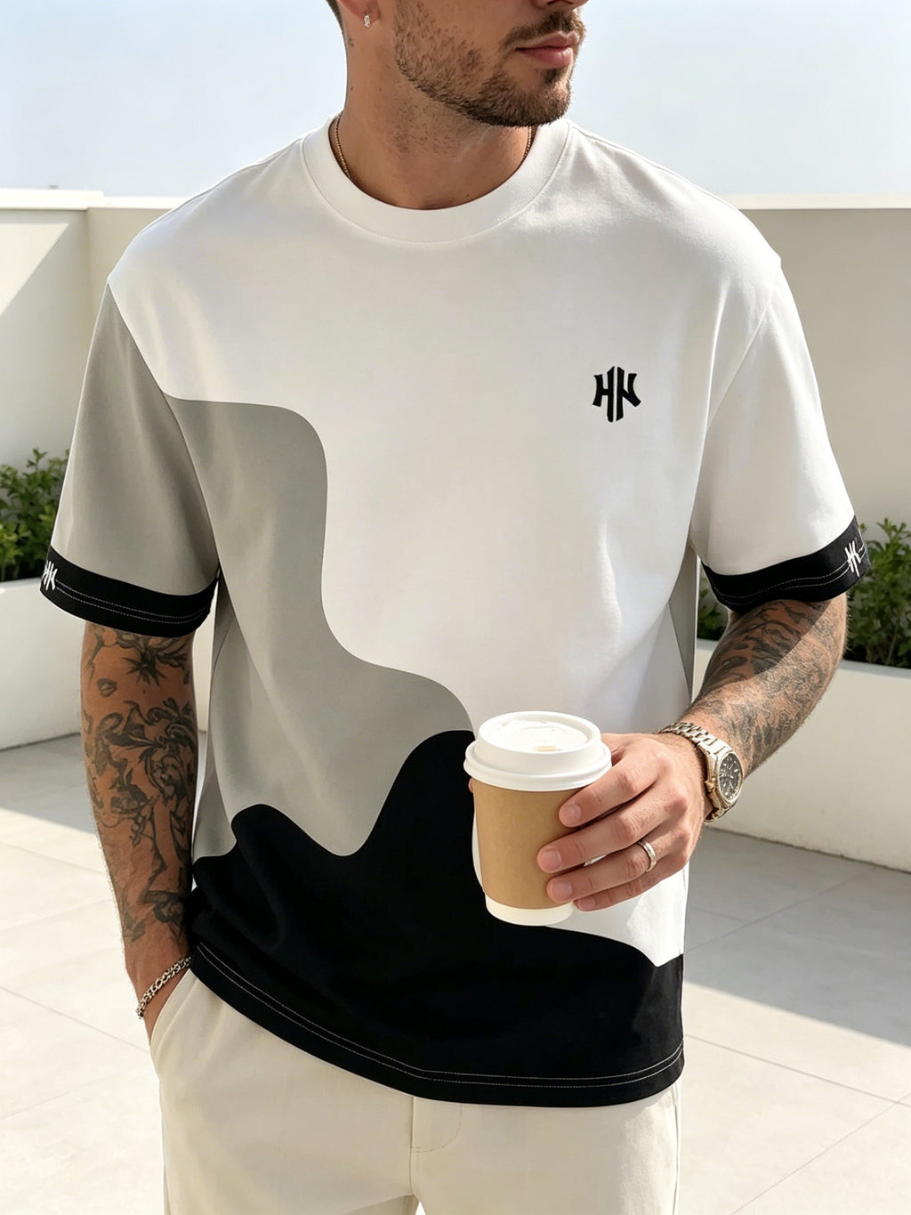 [Printed Design Not Textured] Minimalist Streetwear Men'S Crew Neck Casual T-Shirt with Standard Curved Wave Cut, Layered Spliced Sleeves, And Symmetrical Letter Prints for Daily Commute - Mixed colors