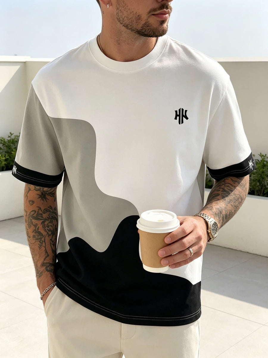 [Printed Design Not Textured] Minimalist Streetwear Men'S Crew Neck Casual T-Shirt with Standard Curved Wave Cut, Layered Spliced Sleeves, And Symmetrical Letter Prints for Daily Commute - Mixed colors