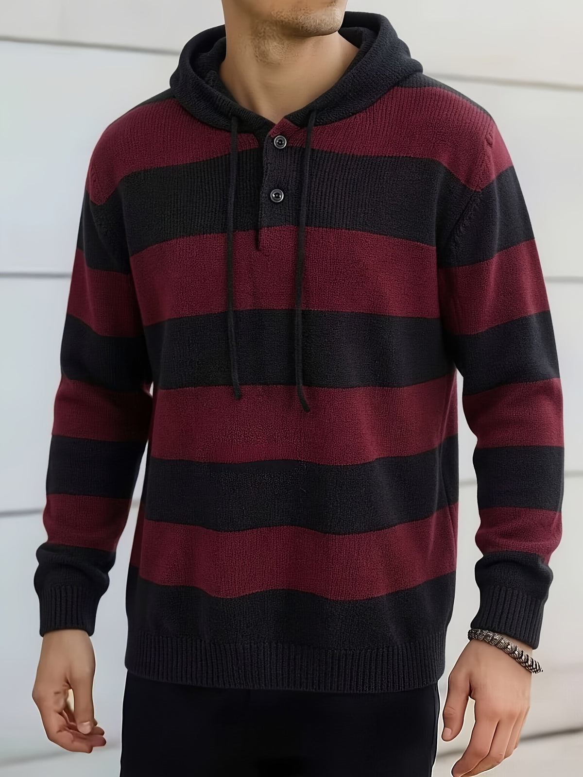 Men's Striped Hooded Knitwear Spring/Autumn Henley Collar Button Drawstring Pullover Sweater Casual Long Sleeve Color Block Top - Black And Red