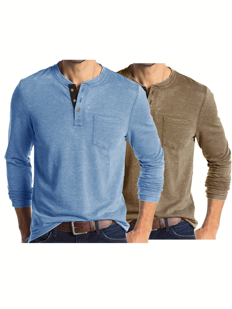 Joshmei OBM Men's Long Sleeve Crew Neck Henley Shirt Two-pc - Sky blue khaki