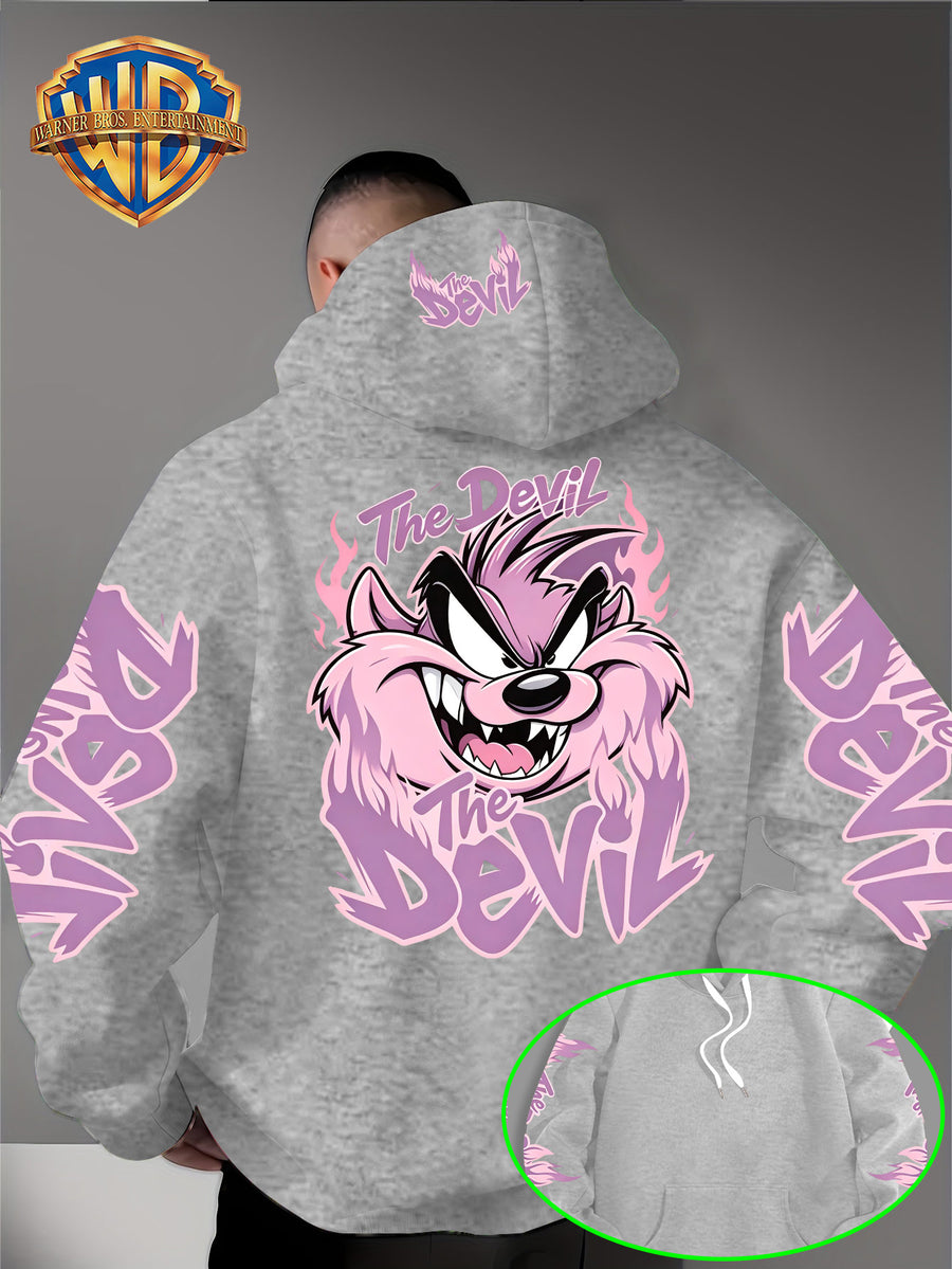 Le Yitong Tasmanian Devil Big Mouth Monster Print Hoodie, with Sleeve Print Design, Kangaroo Pouch And Drawstring Hood, Suitable for Autumn/Winter Casual Wear And Outdoor Activities - Grey