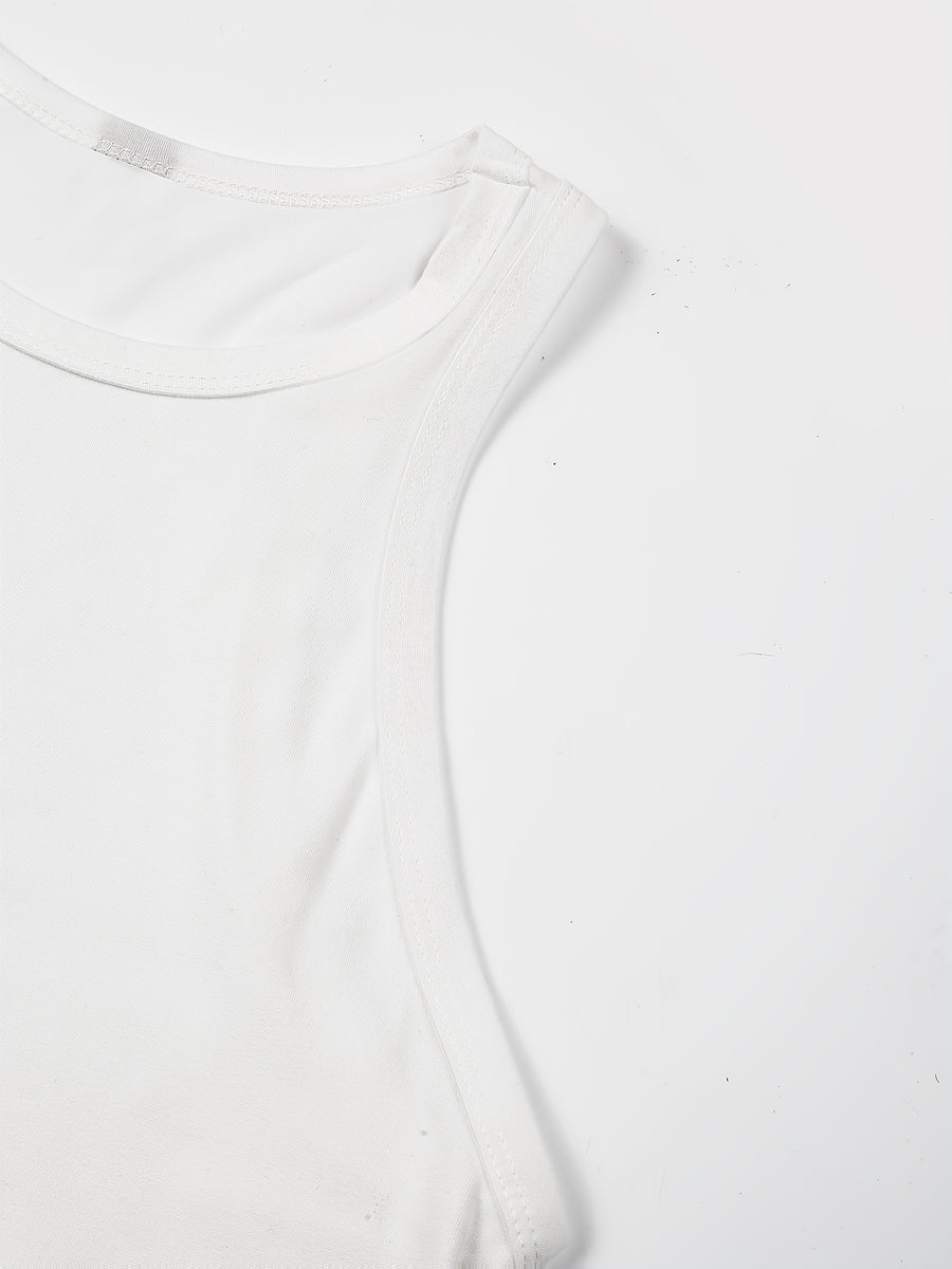 Ladies' Y2K Fashion Round Neck Sleeveless Tank Top, Trendy for Spring And Summer, Suitable for Street Style, Featuring Light Luxury Patterns And Prints. Ideal for Artistic Women, Commuting, Work Attire, Festive Parties - White