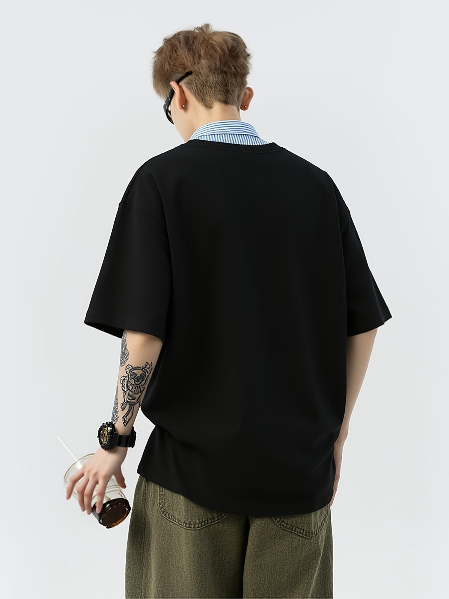[Shule Water OBM] 2026 New Loose Design Japanese Fake Two-Piece Polo Collar Short Sleeve Men Women Style Summer Couple Half Sleeve T-Shirt - Black