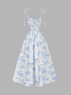 French Floral Suspender Elegant Small Fresh Long Dress - Sky Blue