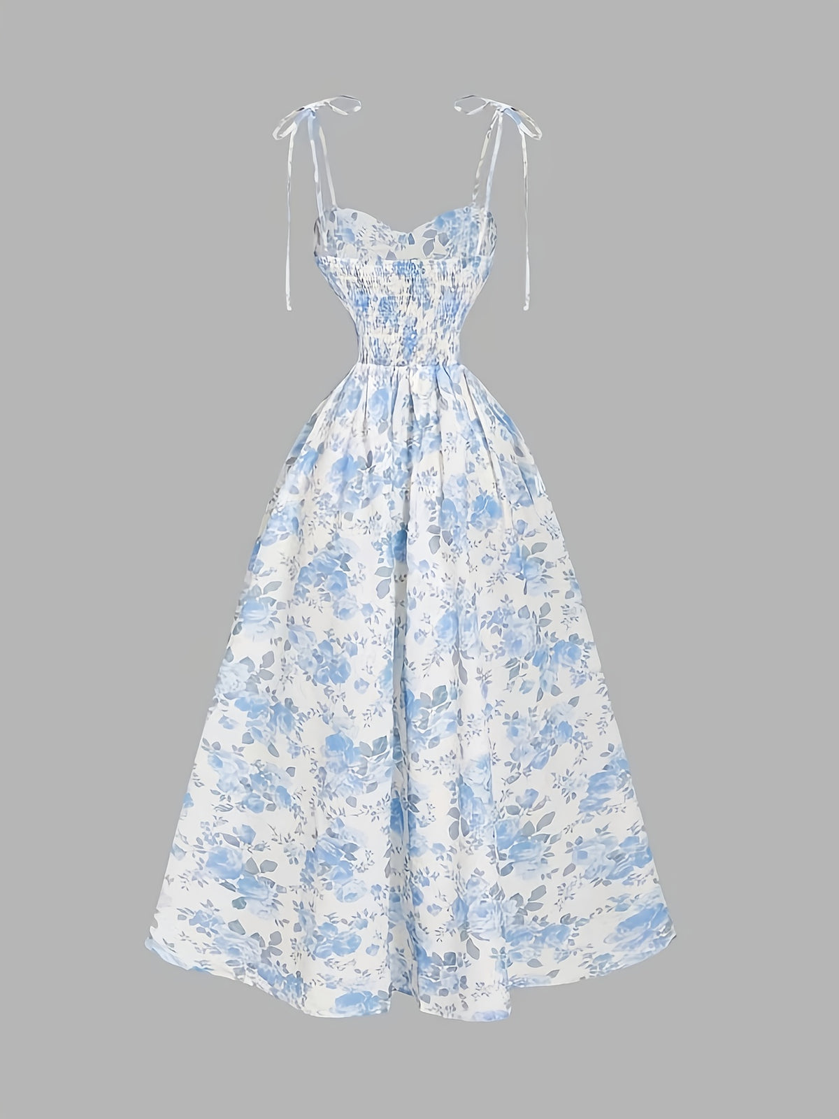 French Floral Suspender Elegant Small Fresh Long Dress - Sky Blue