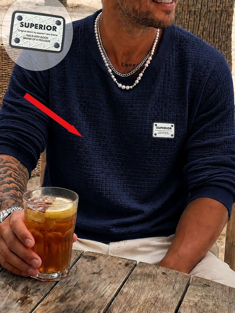 Men'S Waffle Knit Sweatshirt, Crew Neck Long Sleeve Pullover, Textured Grid Fabric, Casual Outdoor Hiking Ski Travel Camping Workout Training Streetwear Fashion Daily Wear Relaxed Fit Winter Autumn Clothing, Navy Blue - Navy Color