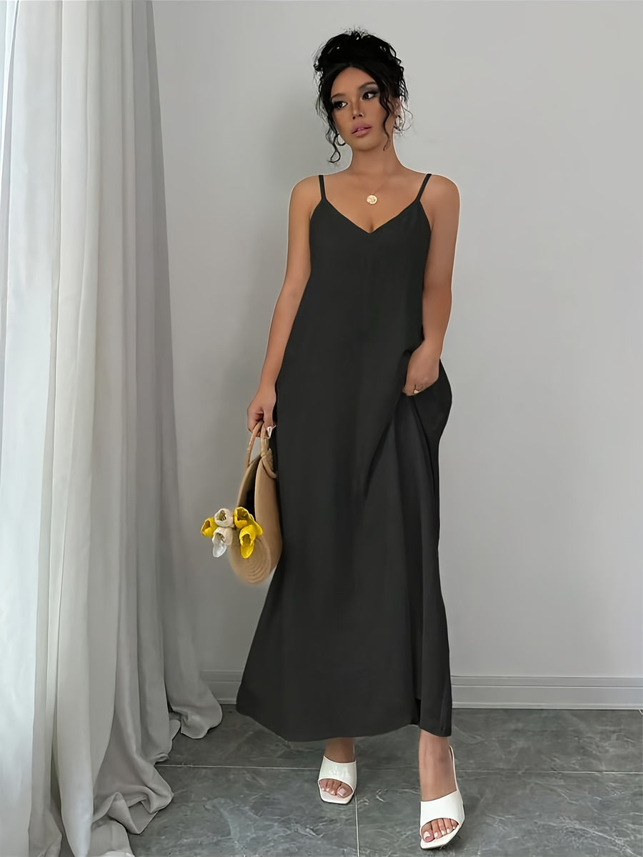 Women's Elegant V-Neck Camisole Bridesmaid Dress - Adjustable Thin Strap A-Line Maxi Dress Suitable for Beach Weddings, Bridesmaids, Summer Vacations, Casual & Formal Wear, Machine Washable Solid Color Dress - Black