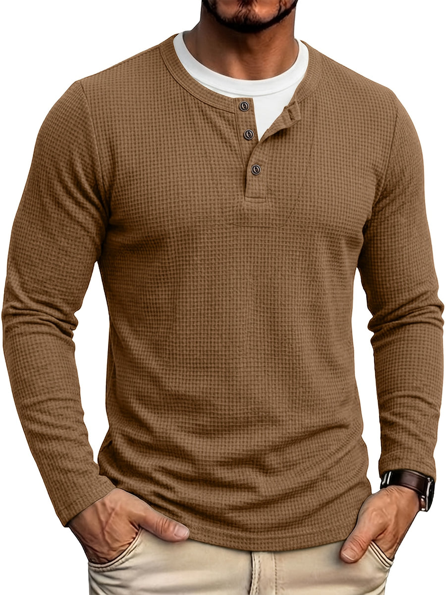 Autumn/Winter Cross-Border Men's Long Sleeve Crew Neck 2-in-1 Look Henley Shirt European and American Men's Pullover Base Layer T-shirt - Coffee Color