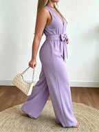 Targeted Development \ Women'S Western Style V-Neck Sleeveless Waist Bow Design Casual Fashion Versatile Jumpsuit - Suitable for Office, Home, Vacation - Light Purple