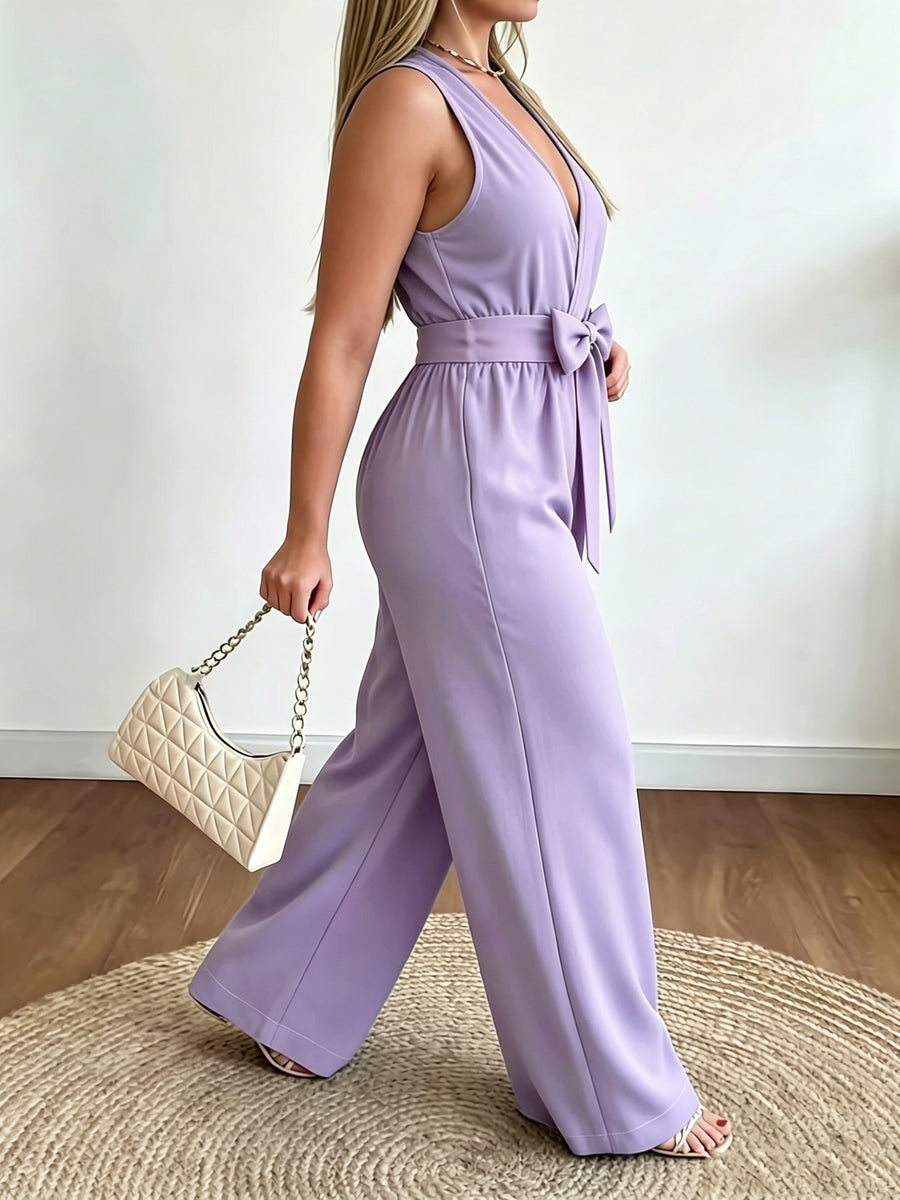 Targeted Development \ Women'S Western Style V-Neck Sleeveless Waist Bow Design Casual Fashion Versatile Jumpsuit - Suitable for Office, Home, Vacation - Light Purple