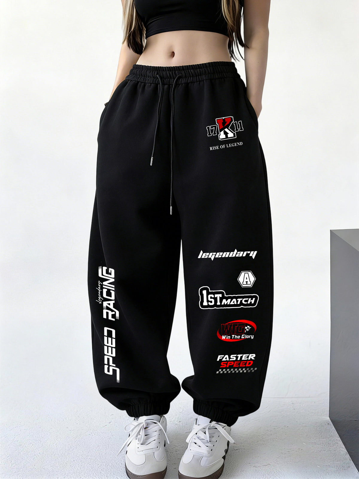 Women's Drawstring Sweatpants, Y2K Solid Color Printed Long Pants, Elastic Waist Cuffed Joggers, Casual Fashionable and Elegant Versatile Commuter Pants, 2026 New Style, Suitable for Spring, Cycling, and Outdoor - Black