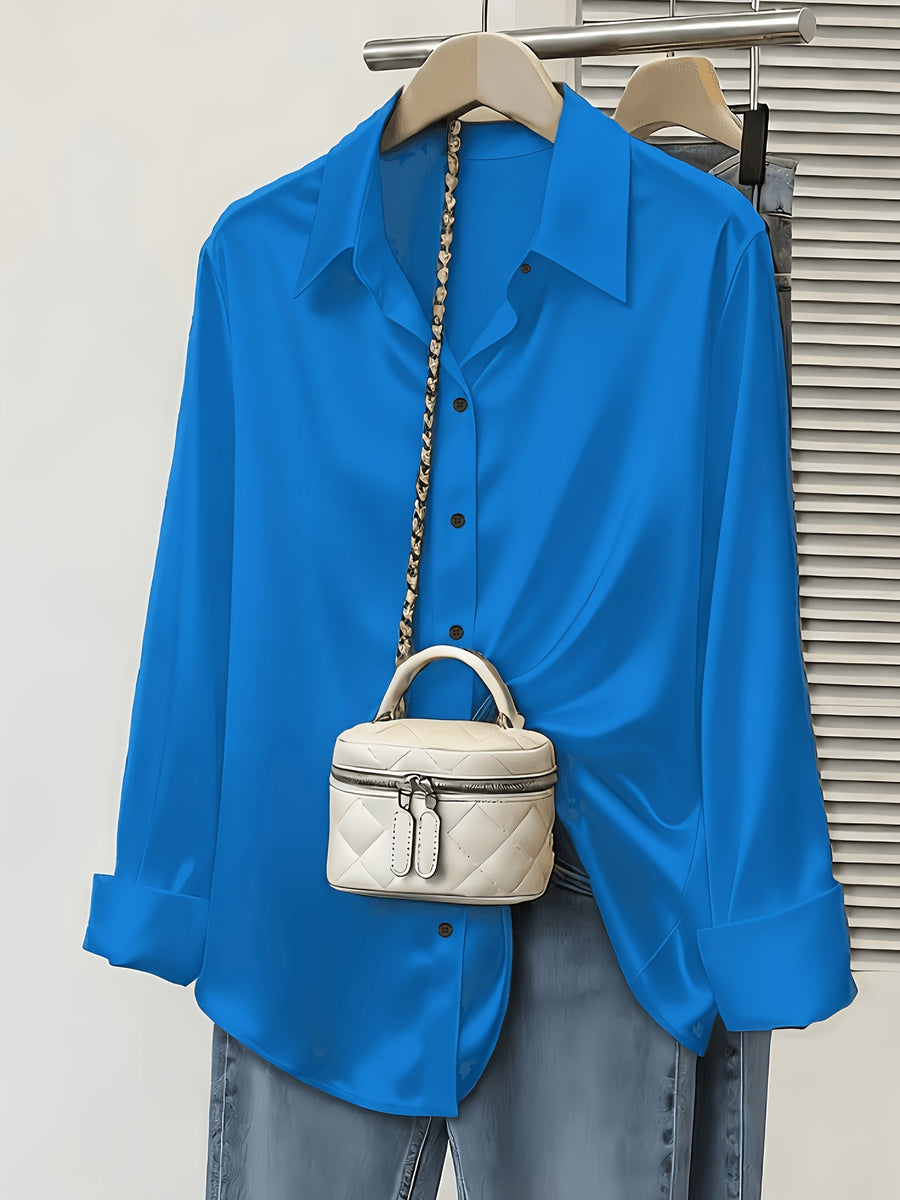 Women's Spring/Autumn Elegant and Versatile Satin Commuter Shirt - Sky Blue