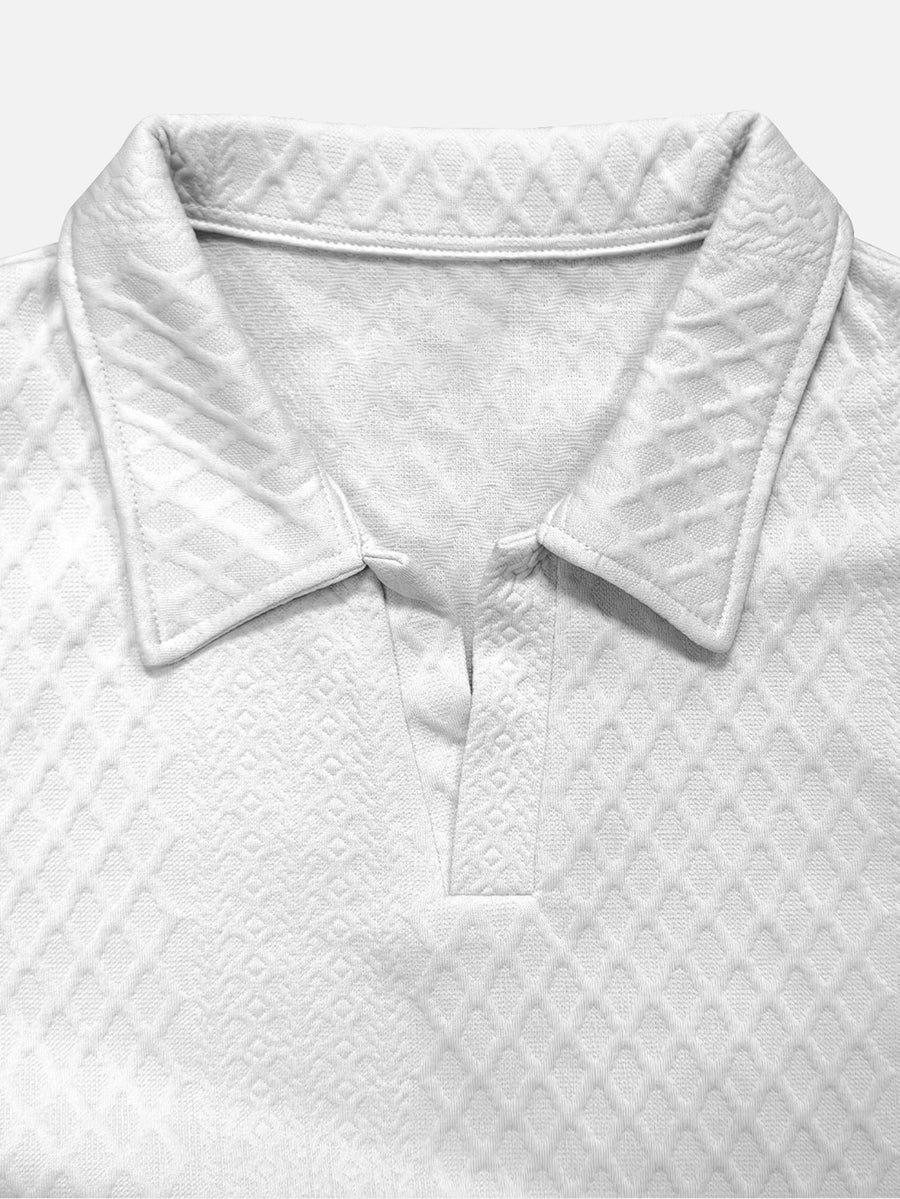 Men's New Rhombus Long Sleeve Polo Top, High-End Textured Lapel Pullover, Versatile Outerwear for Daily Commuting (Random Texture) - White