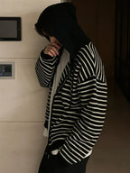 New Autumn/Winter Warm Fashionable Versatile Casual Men's Knit Cardigan Long Sleeve, Lazy Style Striped Hooded Cardigan Sweatshirt, Contrast Color Outerwear Sweater with Double-End Zipper and Adjustable Drawstring, for Work, School - Black