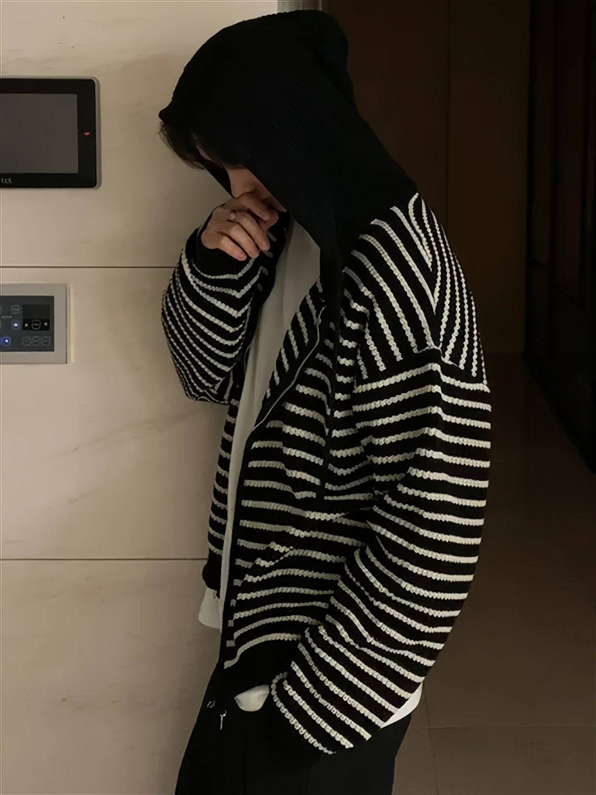 New Autumn/Winter Warm Fashionable Versatile Casual Men's Knit Cardigan Long Sleeve, Lazy Style Striped Hooded Cardigan Sweatshirt, Contrast Color Outerwear Sweater with Double-End Zipper and Adjustable Drawstring, for Work, School - Black
