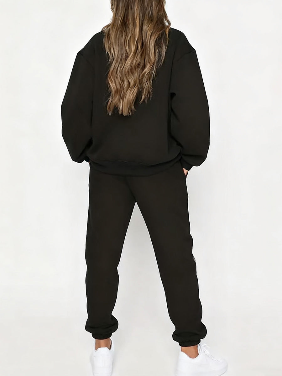 Women'S Two-Piece Set Featuring a Round Neck Sweatshirt And Pants, Designed with Prints, Suitable for Autumn And Winter with Fleece - Black