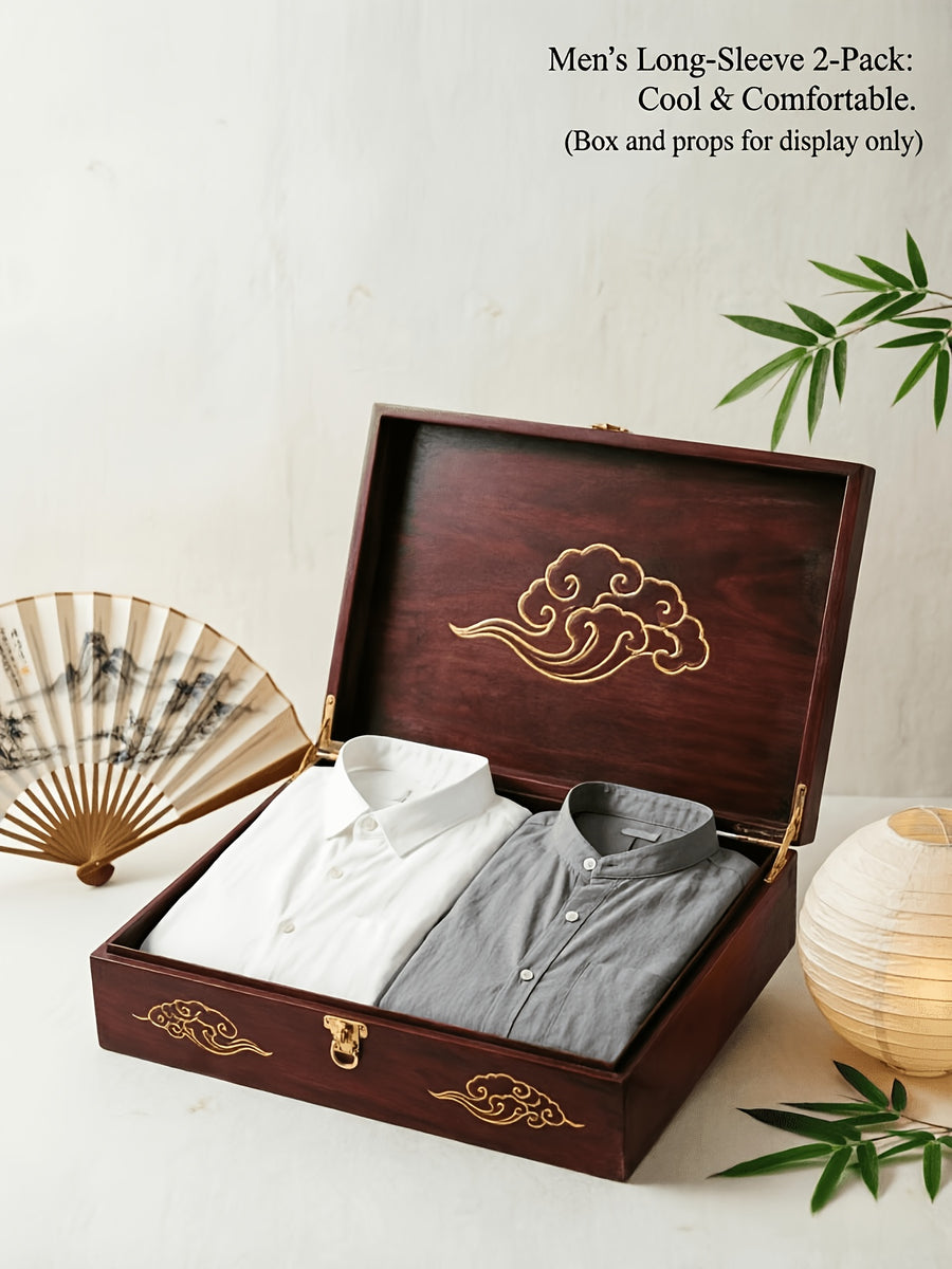 Men's Autumn Linen Long Sleeve Shirt 2pcs, Stand Collar Loose Fit, Breathable & Comfortable, Vintage Chinese Style for Daily Commute & Casual Wear, Gift Box Packaging for Gifting or Personal Use (Box and Props for Display Only) - Light White+Grey