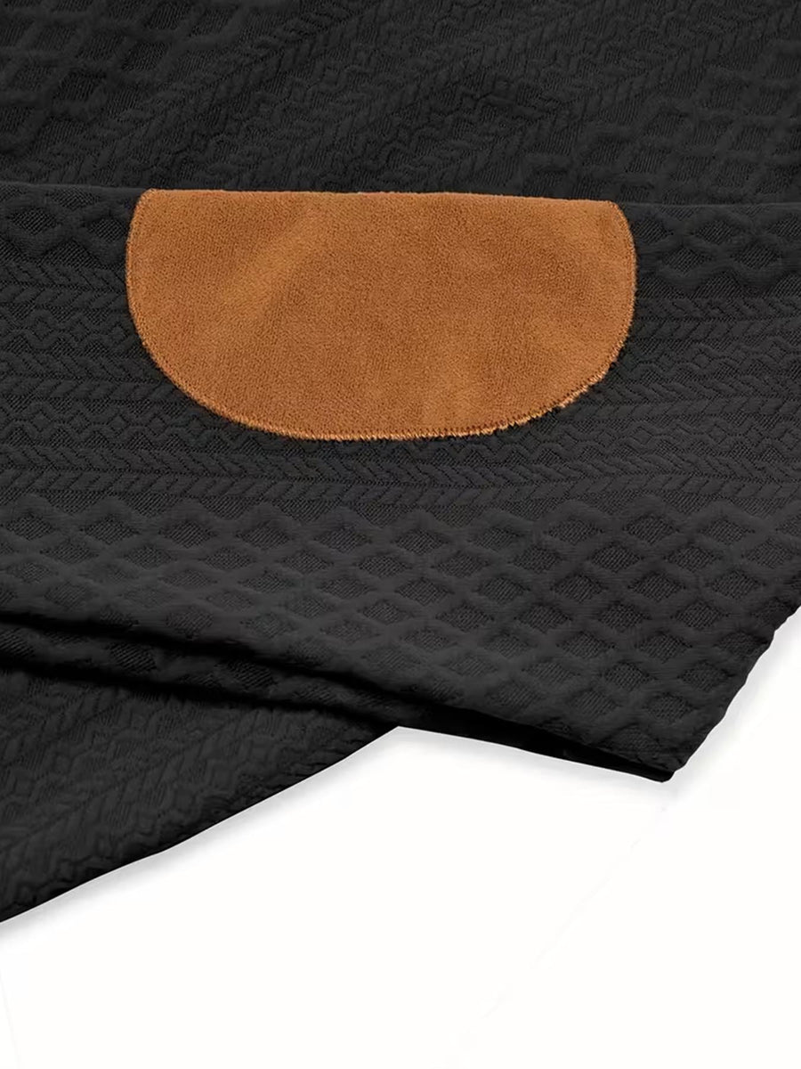 Men'S Henley Collar Knit Polo Sweater, Retro Checkered Jacquard Sweater, Patchwork Decor Long Sleeve Top, Casual Outdoor Wear - Black