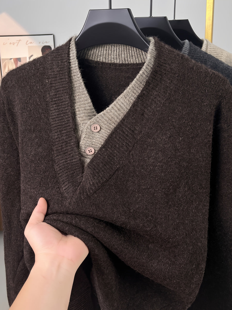 Autumn/Winter Men's 2-in-1 Look V-Neck Knitwear with Contrast Button Design, Warm Pullover Sweater - Coffee Color