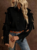Women'S Solid Color Bow Decorated Long Sleeve Single-Button Shirt, Suitable for Office, Home, Street, And Administration - Black