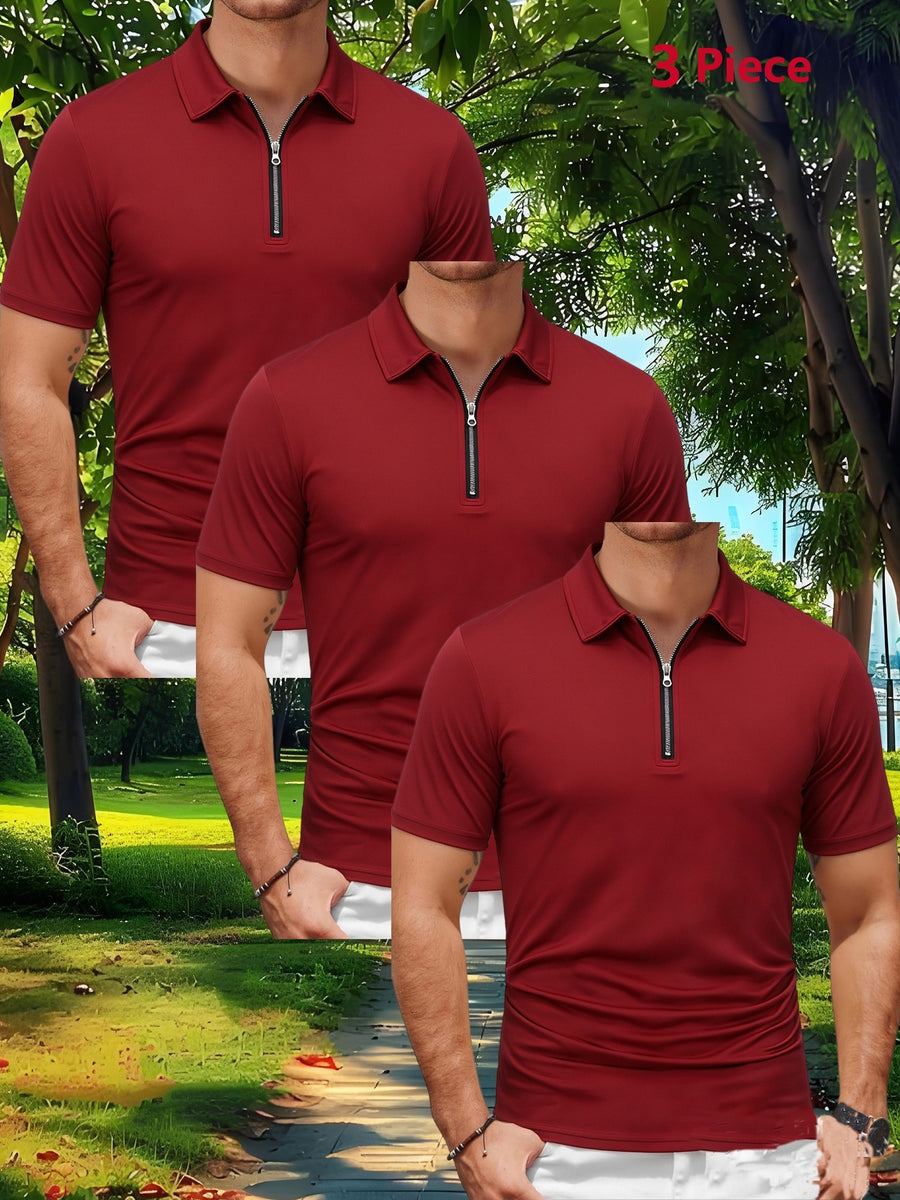 Three-pc Men's Sporty Outdoor Casual Lapel Solid Color Breathable Polo Shirts for High-End Occasions - Red Three Pieces