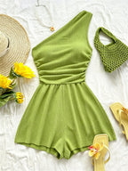 New Korean-Style Niche Jumpsuit for Women, Pure Alluring Vibe Strapless Fashionable A-Line Spicy Short Jumpsuit for Vacation Trips - Greenish Yellow