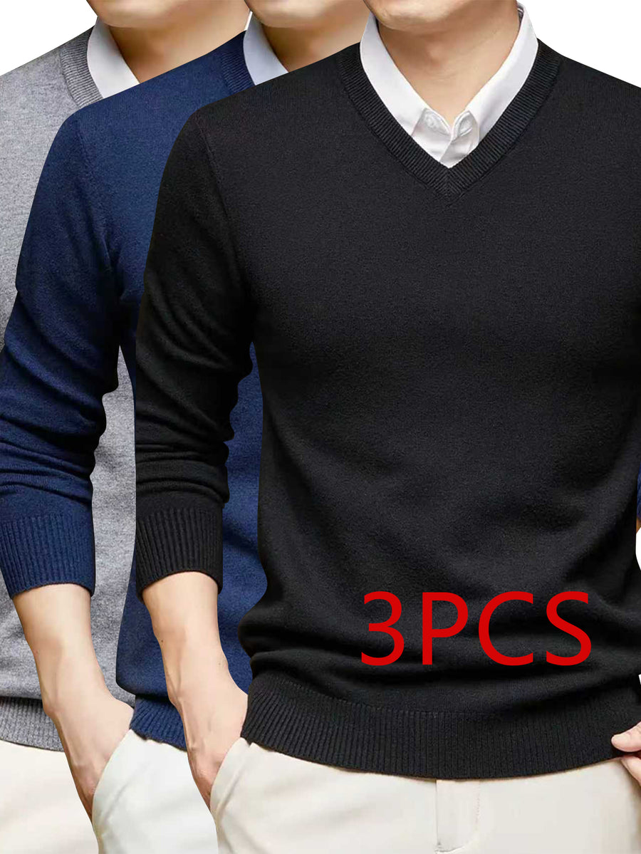 Men'S Set Solid Color V-Neck Knitted Sweater Autumn And Winter Casual Base Pullover - Black+navy+grey