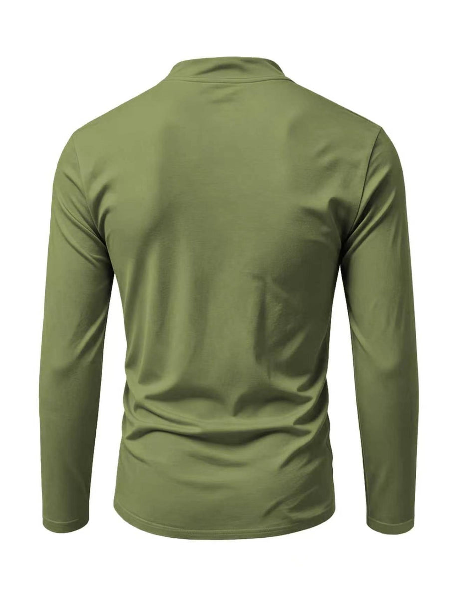2026 New Men'S Stand Collar Cross-Strap Long Sleeve Shirt, Unique Cross-Strap Neckline Design Eye-Catching, Chest Repeating Letter Cartoon Print Trendy Individual, All-Season Wearable Inner Layer, Commute And Casual Versatile Top - Military Green