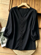 French-Style Gentle Textured Shirt with V-Neck, Lace Floral Design, Lantern Sleeves, Loose Fit, Relaxed Style, Versatile Daily Top - Black
