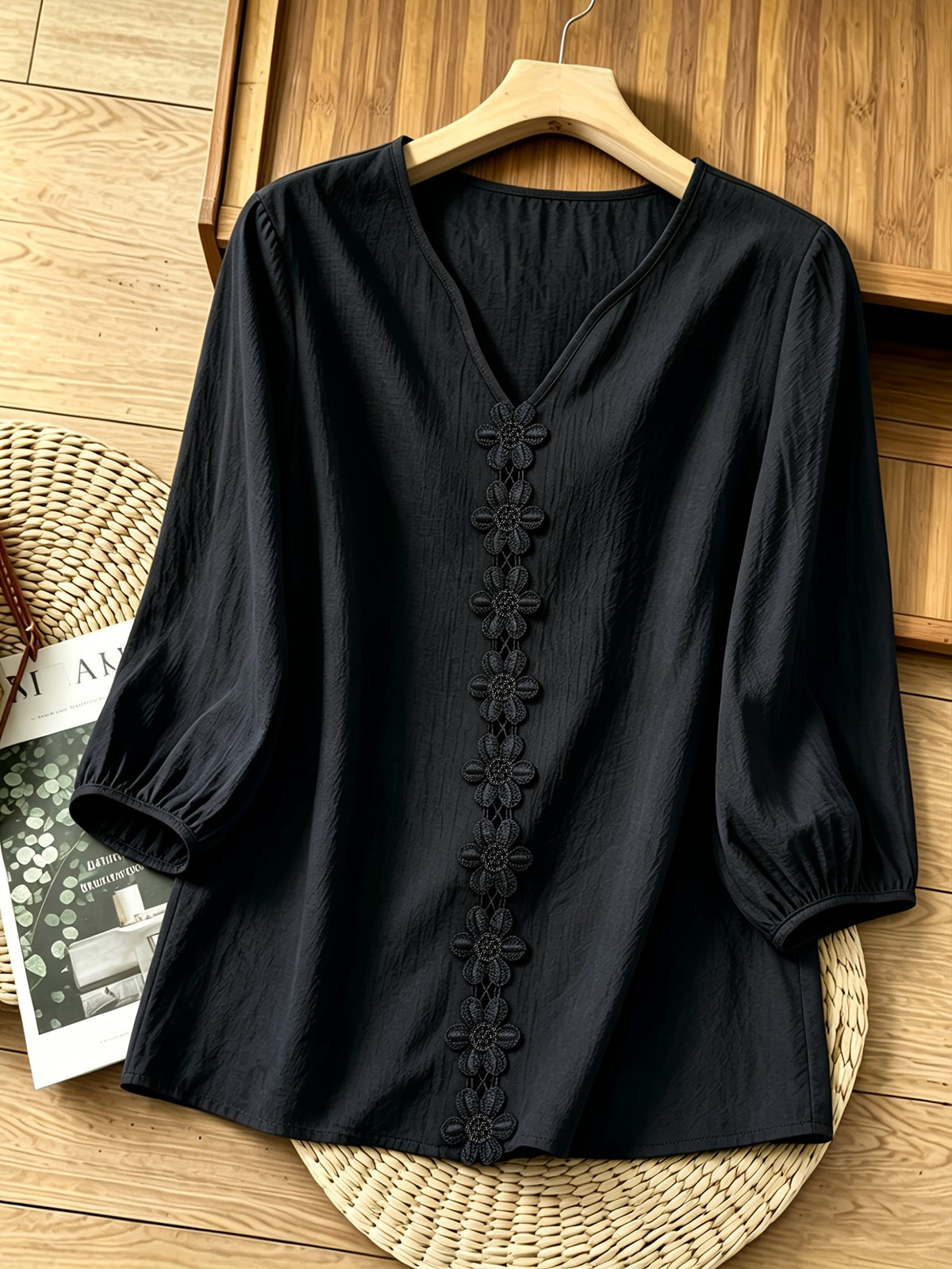 French-Style Gentle Textured Shirt with V-Neck, Lace Floral Design, Lantern Sleeves, Loose Fit, Relaxed Style, Versatile Daily Top - Black