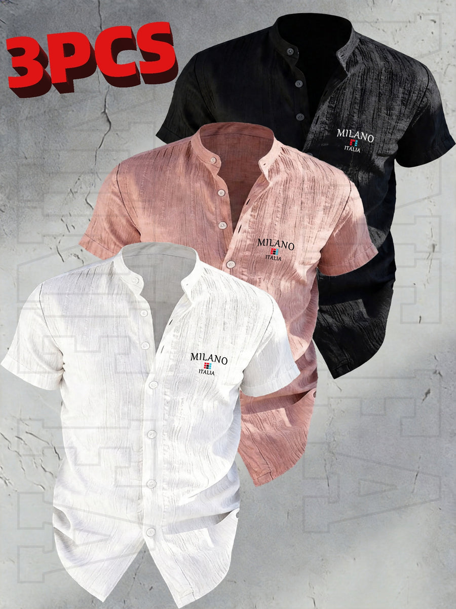 Josh Rose OBOM | Lightweight and Breathable Solid-color Button- Shirt with Geometric Pattern, Featuring a Simple Stand-up Collar Design. Suitable for Beach Vacations, Pool Parties, and Casual Wear. Comfortable and Simple for Daily Outings - White+Rose Red+Black