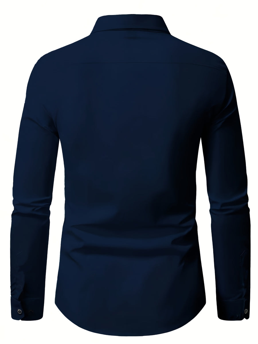Men'S Solid Color V-Neck Shirt Casual Business Formal Shirt Slim Fit Long-Sleeved Social Party Shirt, Soft And Skin-Friendly Fabric, Suitable for Wearing in All 4 Seasons, Autumn, Stretchy, Office, Button - Dark Blue