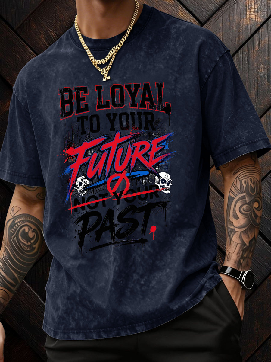American-Style Washed Vintage Skull Graphic T-Shirt, Dark High Street Fashion Short Sleeves, Loose Fit with Motivational Slogans for Men - Navy blue color