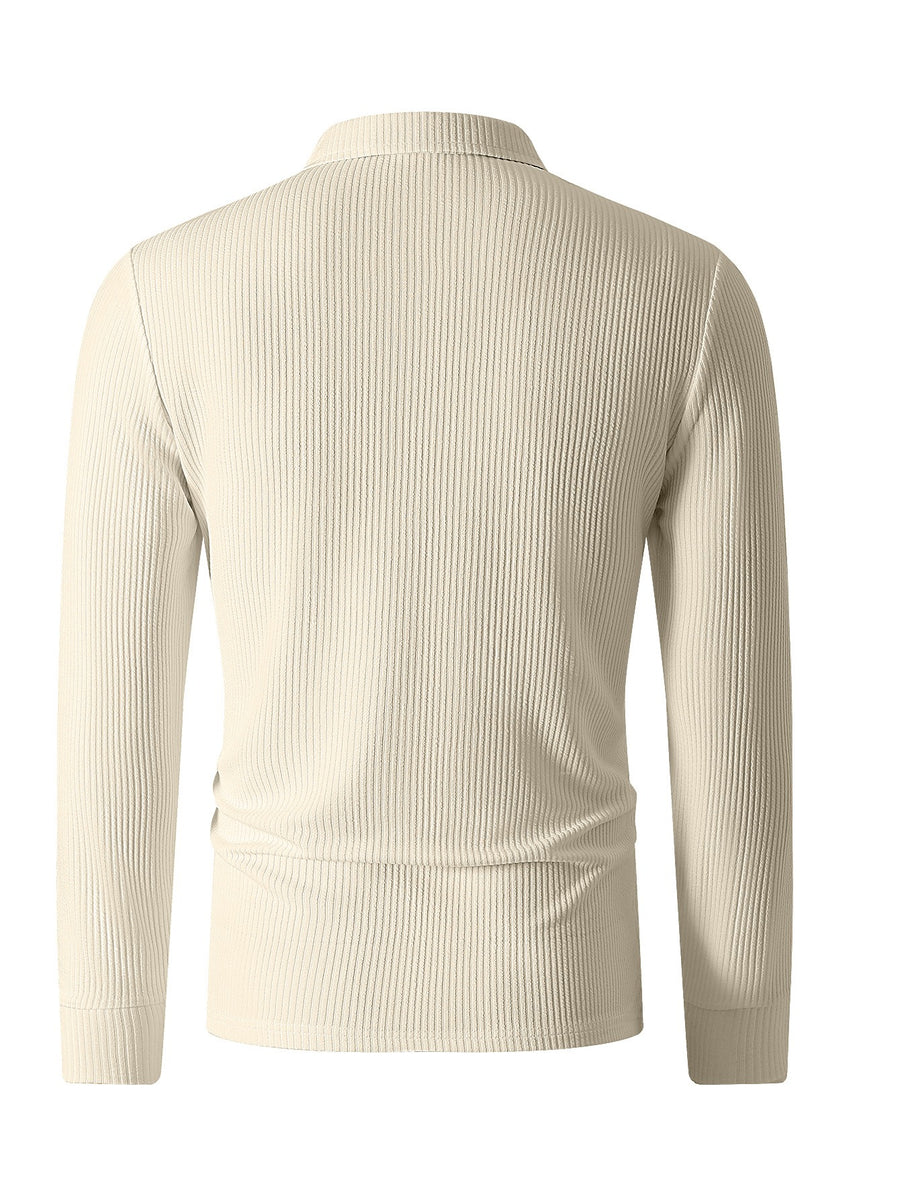 Autumn Men'S Ribbed Long-Sleeve Polo Shirt Print Half-Zip Lapel Slim Fit Breathable T-Shirt - Khaki
