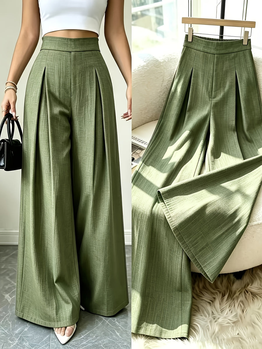 Women'S Dusty Blue Striped Trousers, High-Waist Elegant Summer Commuter Casual Pleated Elastic Waist Wide-Leg Pants, Suitable for Spring And Autumn - Olive Green