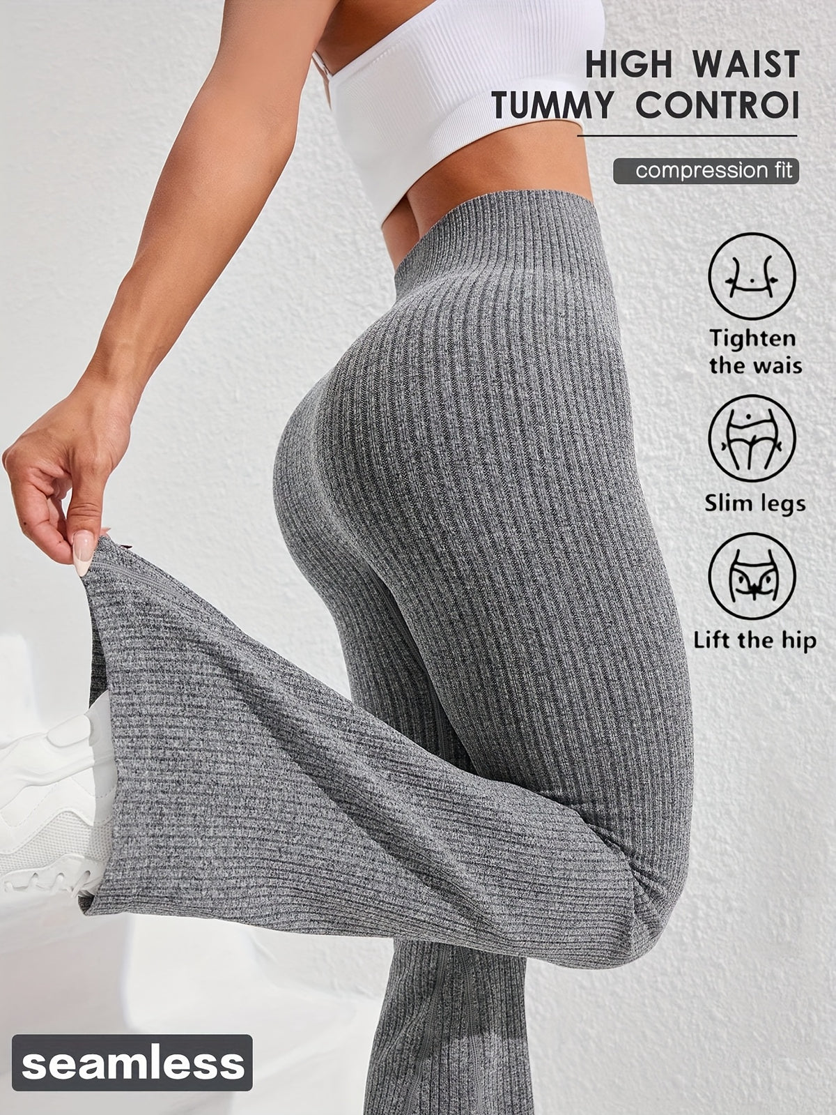 2026 Spring Summer Women's High Waist Tummy Control Slim Flare Pants, Textured Wide Ribbed Sports Pants, Fashion Casual Trousers for Fitness, Running and Daily Wear | Mega Special Offer - Grey