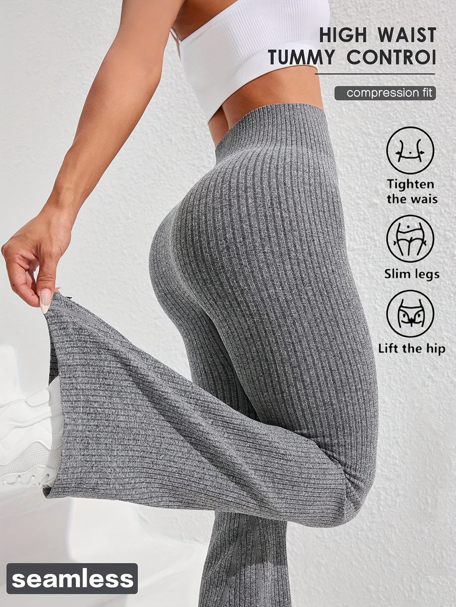 2026 Spring Summer Women's High Waist Tummy Control Slim Flare Pants, Textured Wide Ribbed Sports Pants, Fashion Casual Trousers for Fitness, Running and Daily Wear | Mega Special Offer - Grey