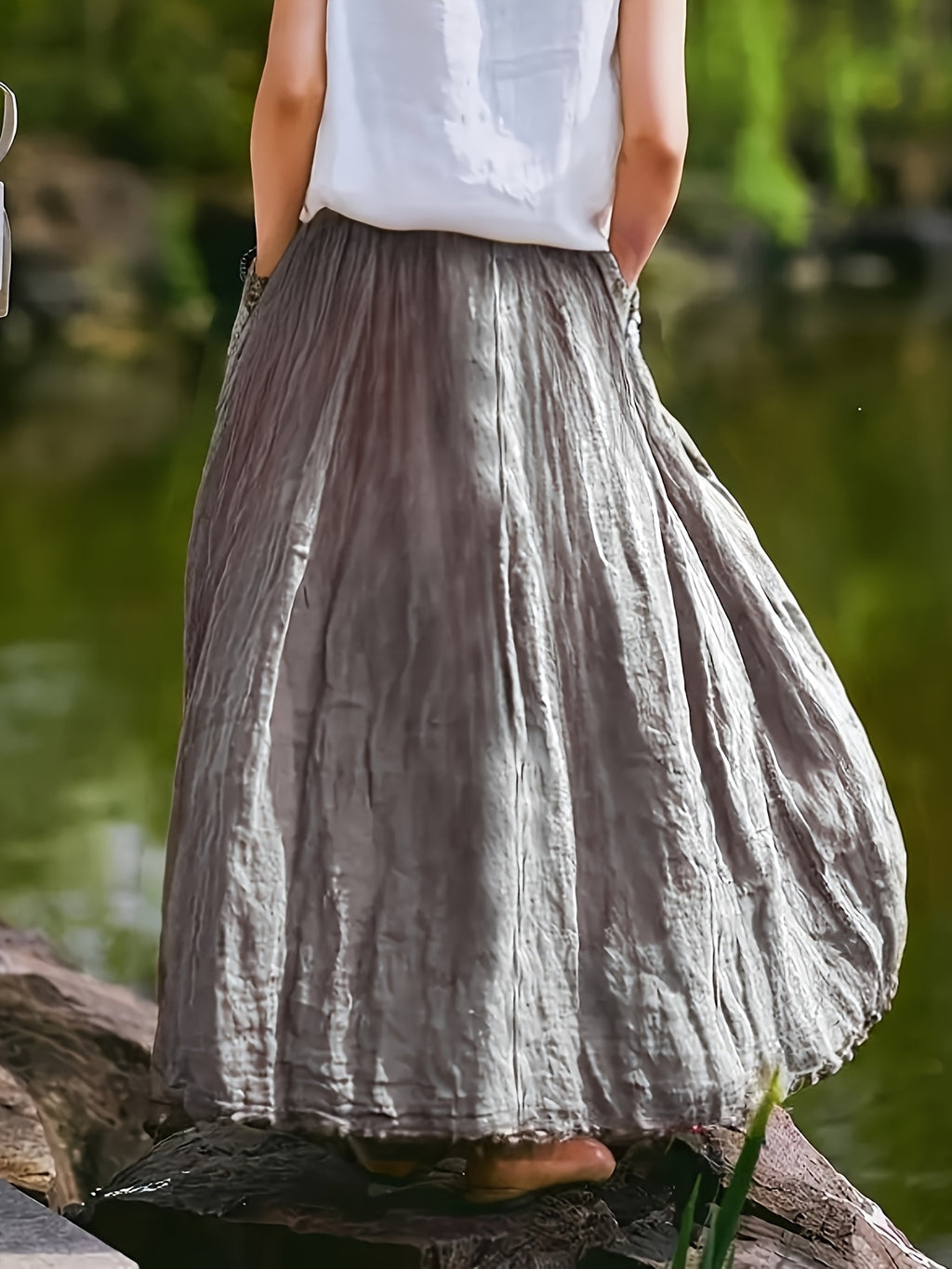 BK031606 Spring Summer Fall New Women'S Solid Retro Style Midi Skirt - Breathable, Loose Fit with Pockets, Spring Fall Elegant Casual Design - Grey