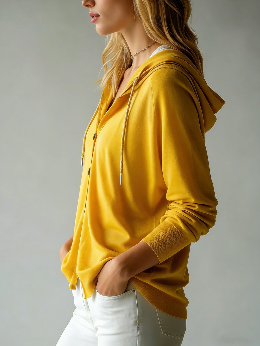 Lyocell Tencel Women'S Sweater Cardigan Hooded Cardigan Women'S Spring Autumn Winter Style Long Sleeve Button Loose Coat, Western Style Casual Temperament Top, Drawstring Hood Design, Daily Commute Outing Versatile Outerwear Elegant - Yellow