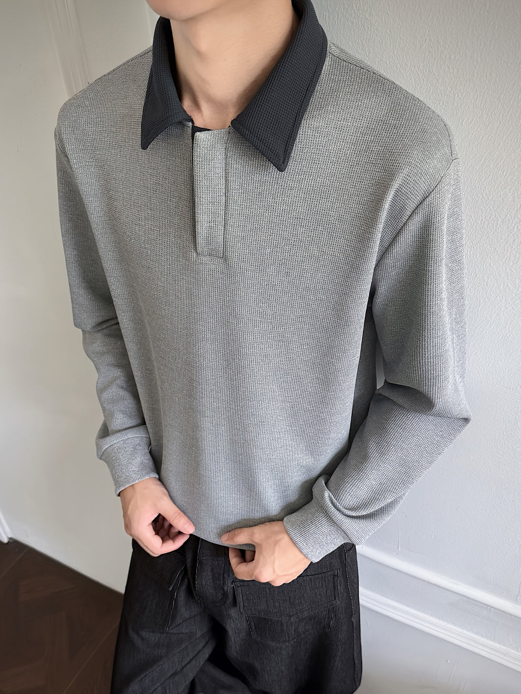 Polo Shirt, 1pc Men'S Fashion Trendy Casual Individual Color-Block Patchwork Collar Polo Shirt, Loose Fit, Comfortable Stretch Fabric, Suitable for Daily Casual Commuting Wear - Light Grey