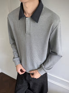 Polo Shirt, 1pc Men'S Fashion Trendy Casual Individual Color-Block Patchwork Collar Polo Shirt, Loose Fit, Comfortable Stretch Fabric, Suitable for Daily Casual Commuting Wear - Light Grey