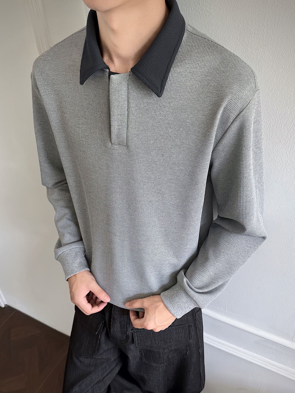 Polo Shirt, 1pc Men'S Fashion Trendy Casual Individual Color-Block Patchwork Collar Polo Shirt, Loose Fit, Comfortable Stretch Fabric, Suitable for Daily Casual Commuting Wear - Light Grey